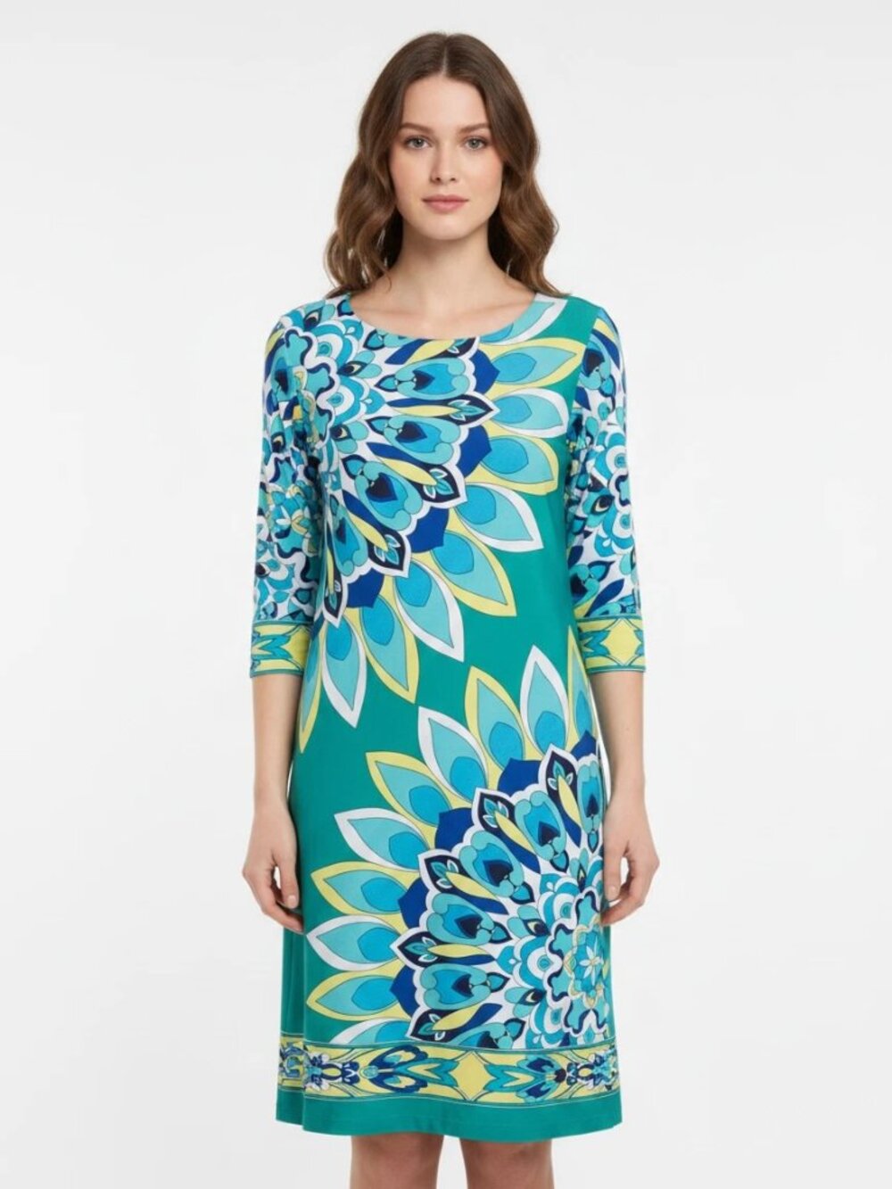 Sandra Darren Mandala Pattern Multi Floral 3/4 Sleeve Shift Midi Dress Woman 10